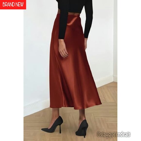 Satin Midi Skirt High Waisted A-Line Flowy Elegant Cocktail Wedding - Picture 3 of 8